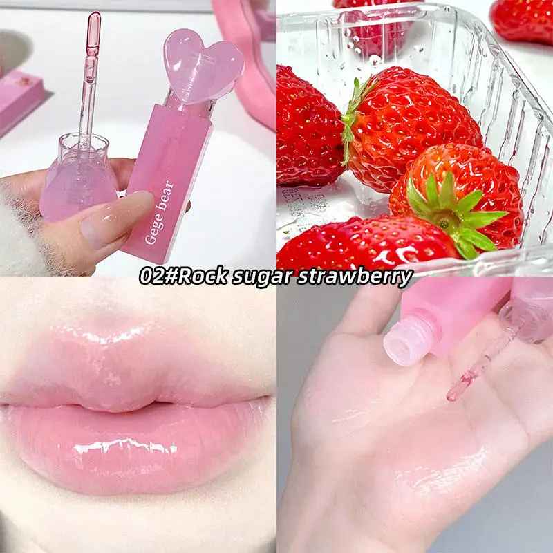 Collage of a pink lip gloss with heart-shaped applicator, strawberries, and glossy lips.