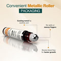 Roller bottle with metallic roller and text highlighting features on a beige background