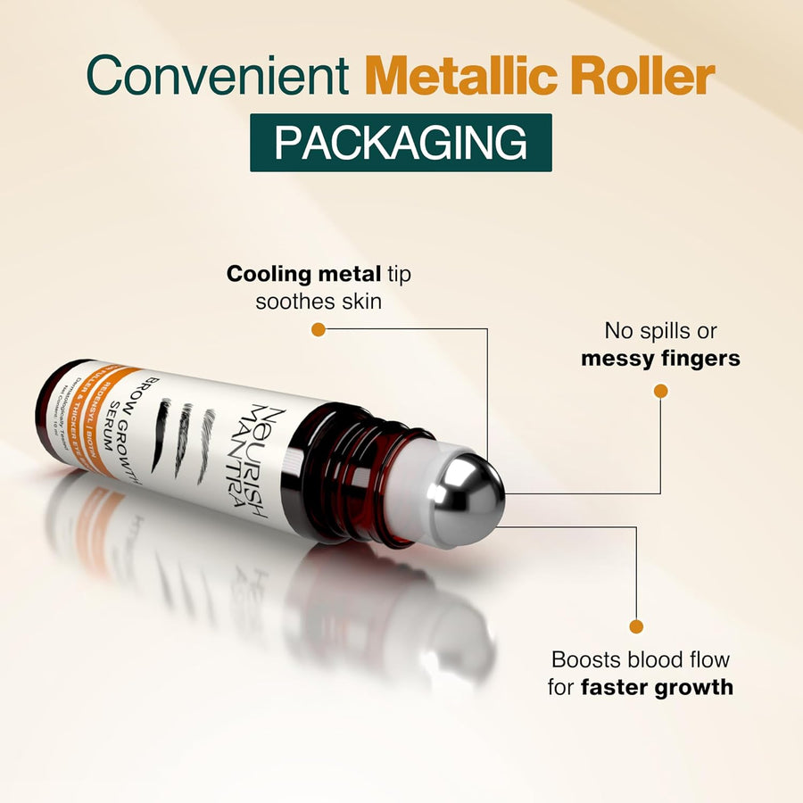 Roller bottle with metallic roller and text highlighting features on a beige background