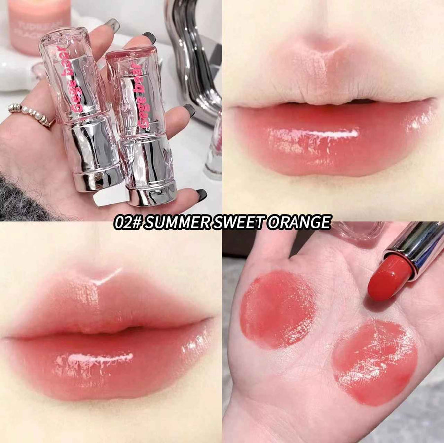 Lip gloss with '02# SUMMERSWEET ORANGE' color swatch on lips and skin.