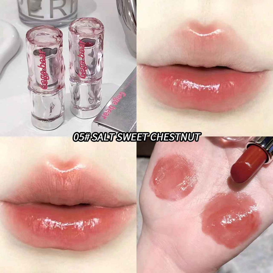 Collage of a lip gloss  with close-ups of lips and swatches on skin.