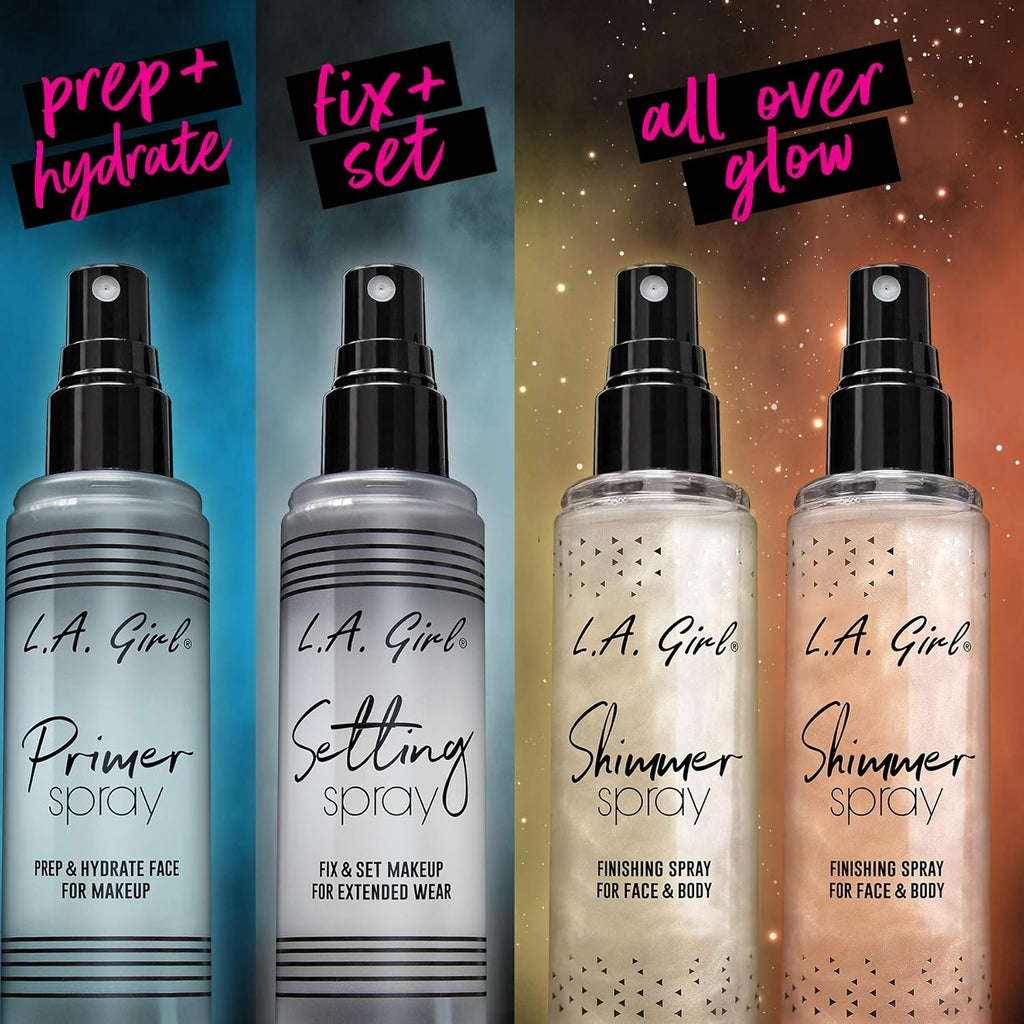 Set of L.A. Girl makeup sprays with labels for Prep + Hydrate, Fix + Set, and All Over Glow on a gradient background.