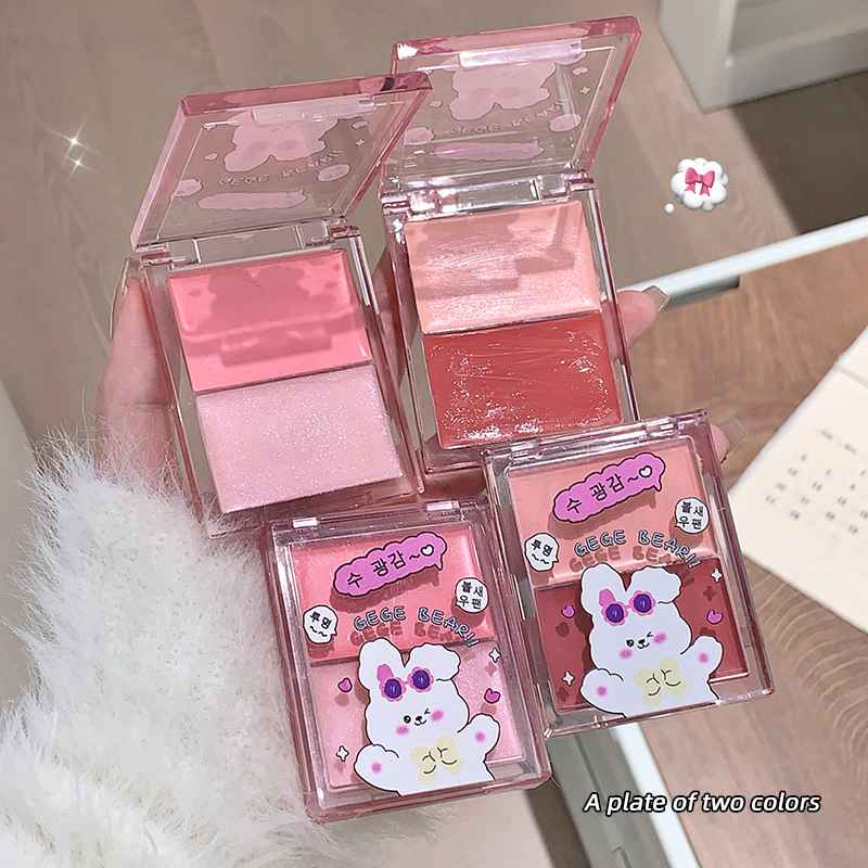 Set of pink makeup products with cartoon designs on a neutral background