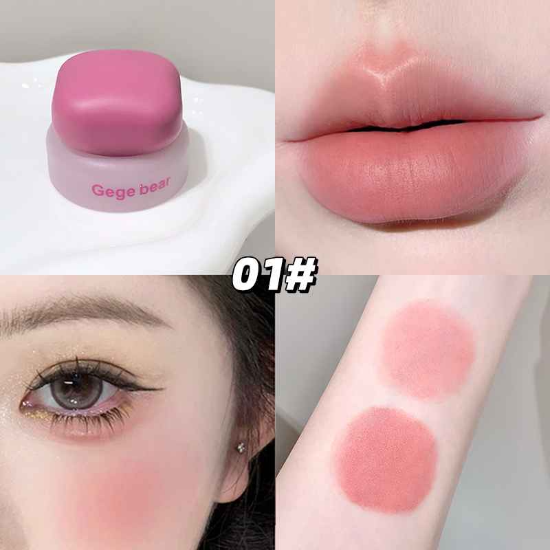 Makeup product with close-up of lip color, eye color, and arm swatch.