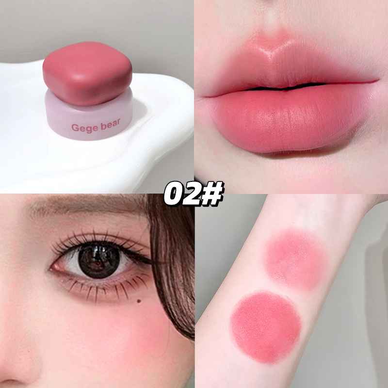 Blush with close-up of lips, eye, and swatch on a neutral background