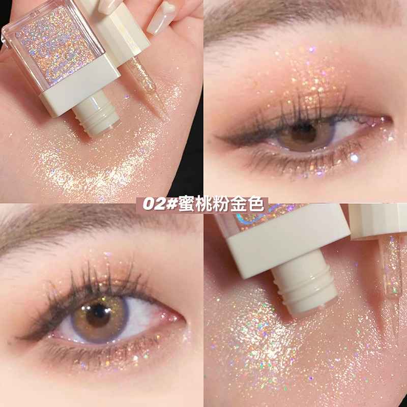 Collage of glittery eye makeup product application on eyelids.