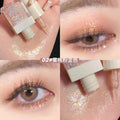 Collage of liquid shimmer eyeshadow in golden brown color showing image of eye area an palm highlighting the shine and shimmer effect on eyes and palm 