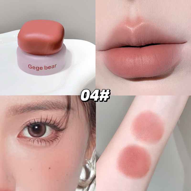 Collage of a blush, close-up of lips, eye, and swatches on skin.