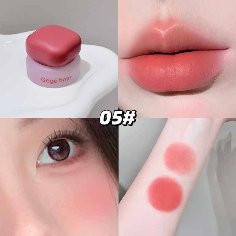 Collage of a blush with packaging, applied on lips, eyes, and arm swatch.