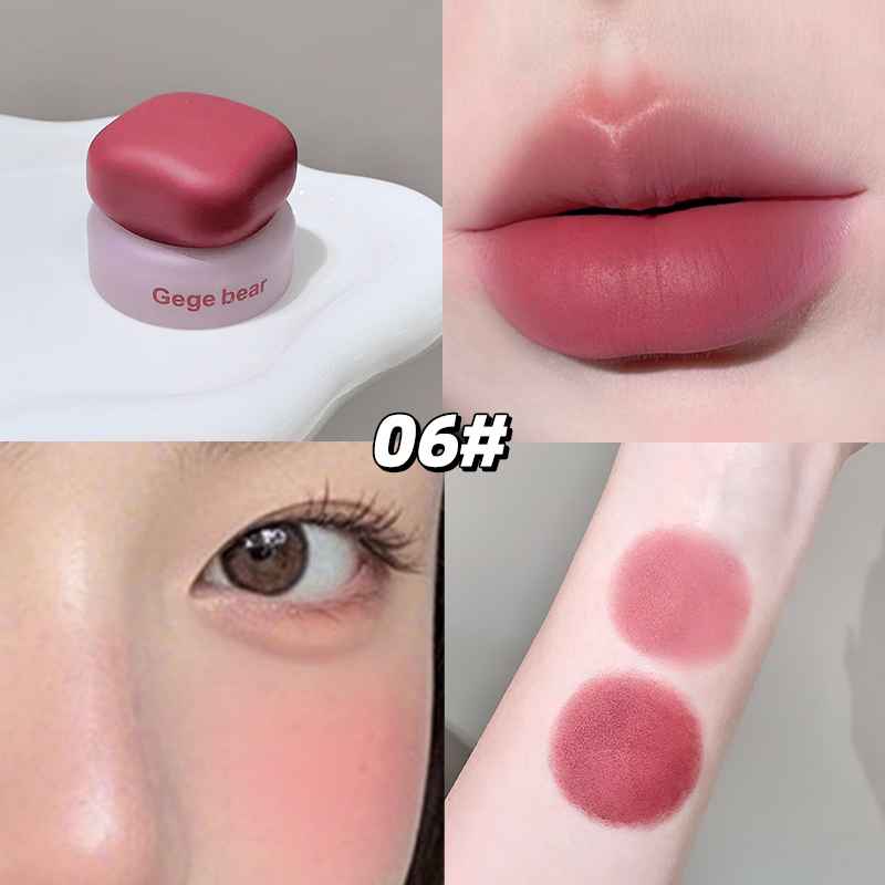 Collage of a pink blush with packaging, applied on lips, face, and arm.