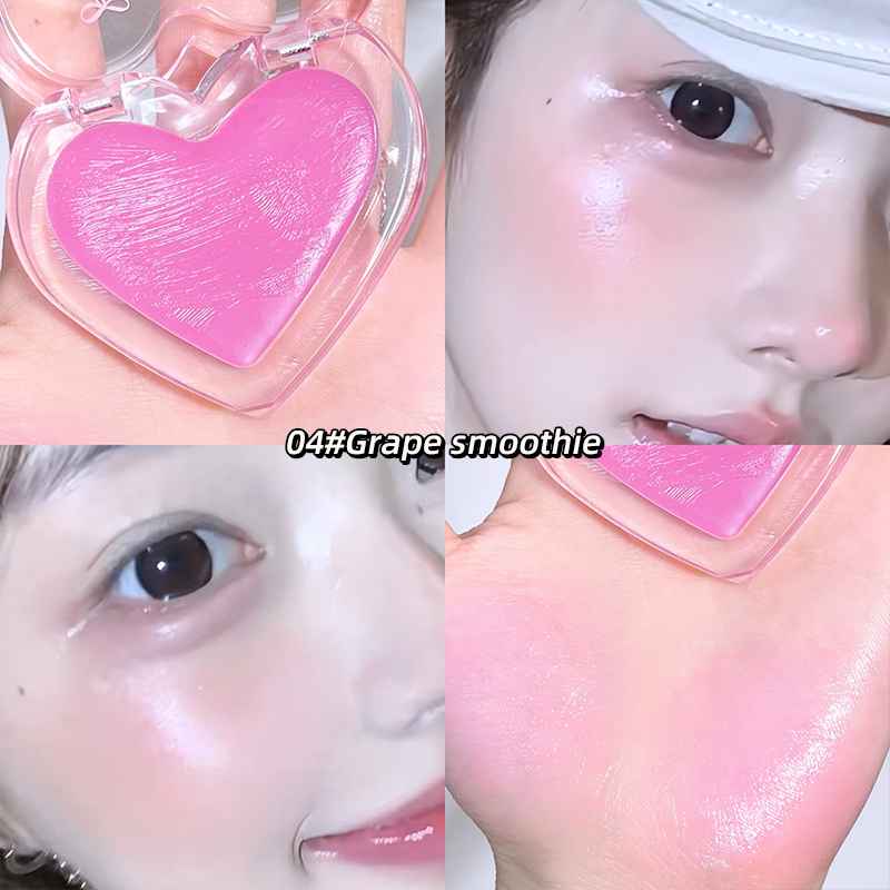 Collage of a pink heart-shaped lip balm with close-up shots of a person applying it.