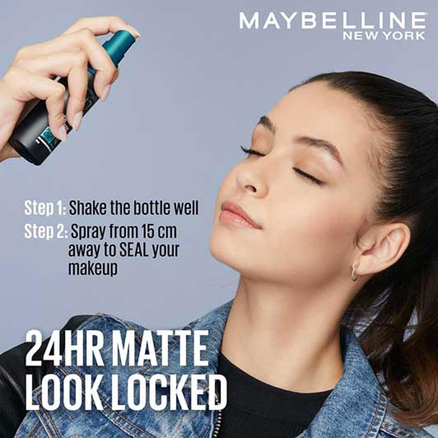 Photo of women showing spraying setting spray on face gray background.