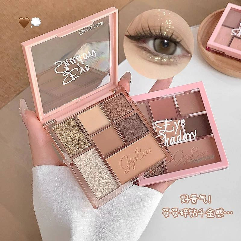 Makeup palette with eyeshadow shades and a close-up of an eye wearing the product.