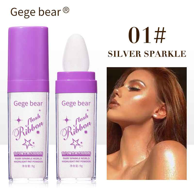 Gege bear flash ribbon product with silver sparkle effect on a model, featuring purple packaging.