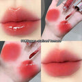 Lip gloss  swatches on lips and hand with '01# Sugar-stained tomato' label.