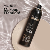 Black bottle of swiss beauty setting spray on gray background.