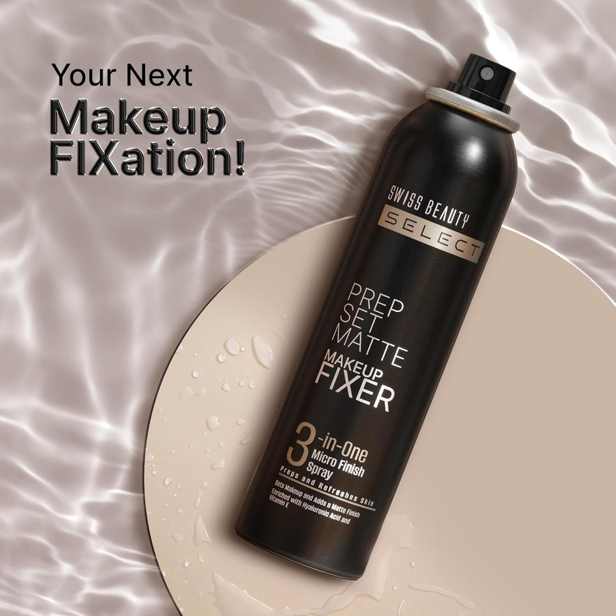 Black bottle of swiss beauty setting spray on gray background.