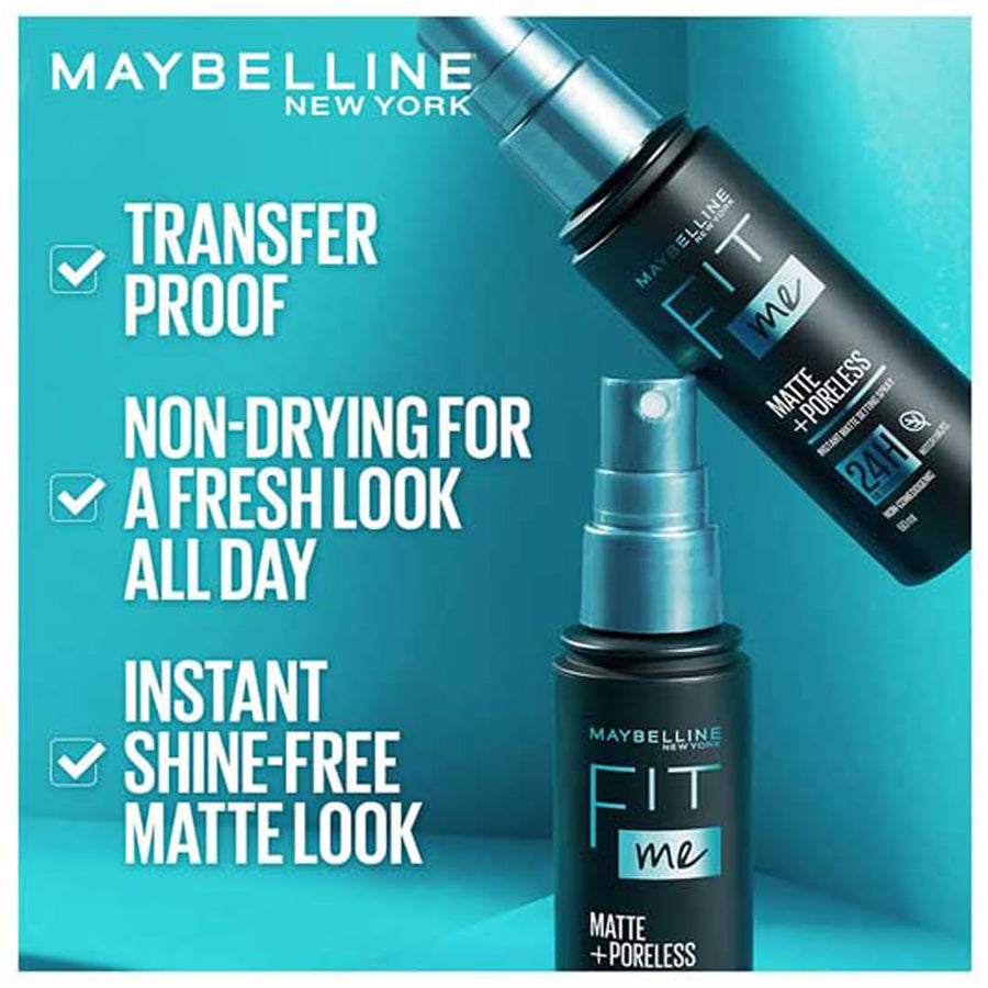 Two bottle of maybelline and large text message on blue background.