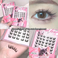 ollage of Gege Bear Princess of the Cat Department glue-free false eyelashes, showcasing the intricate lash cluster design patterns, a real-life natural look application, and the beautiful pink cat-themed packaging.