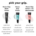 Three e.l.f. Power Grip primer products with descriptions of finishes and ingredients on a white background.