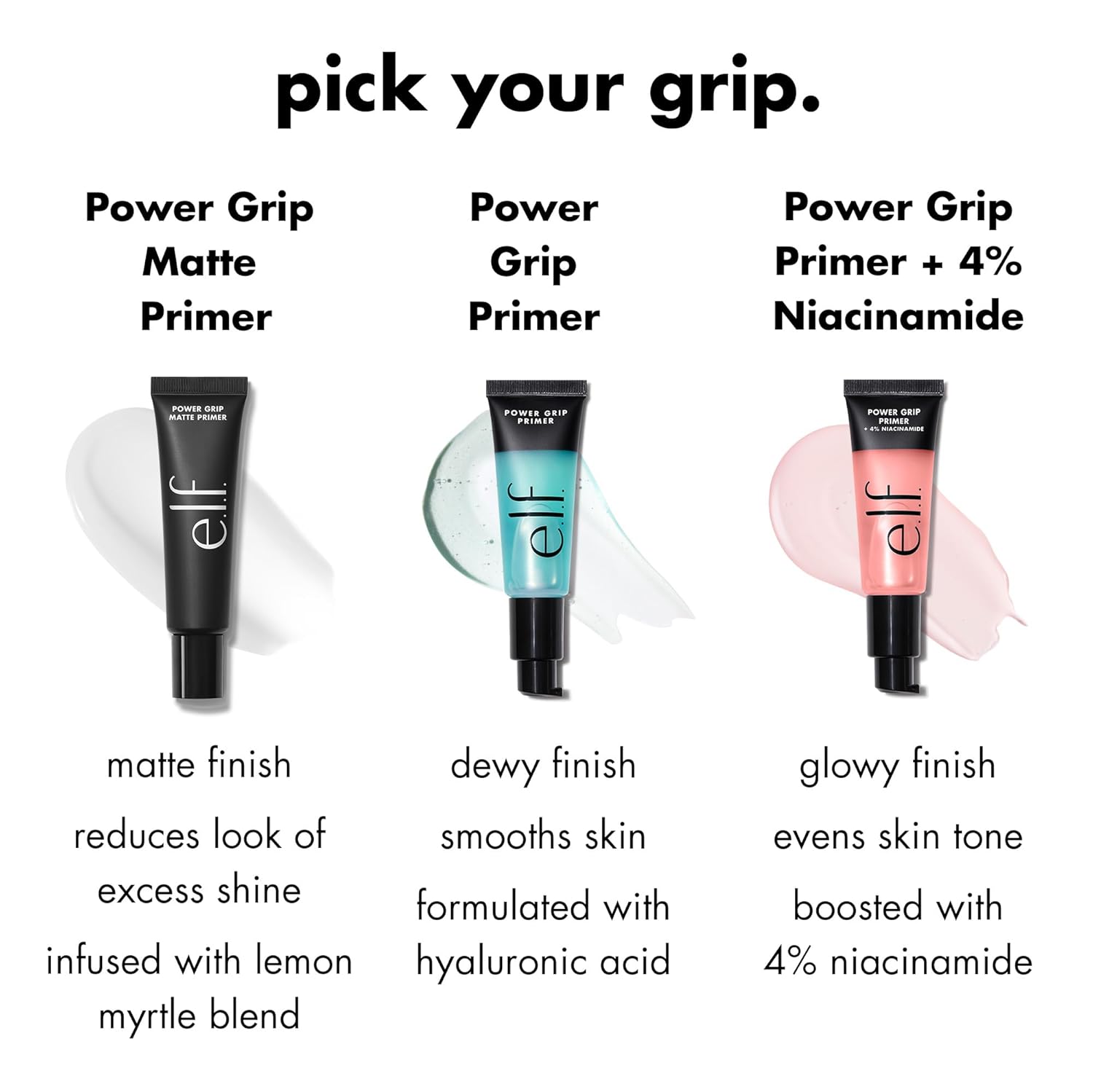 Three e.l.f. Power Grip primer products with descriptions of finishes and ingredients on a white background.