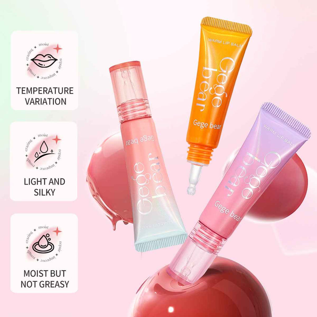 Three lip gloss tubes in different colors on a pink background with text about product features.