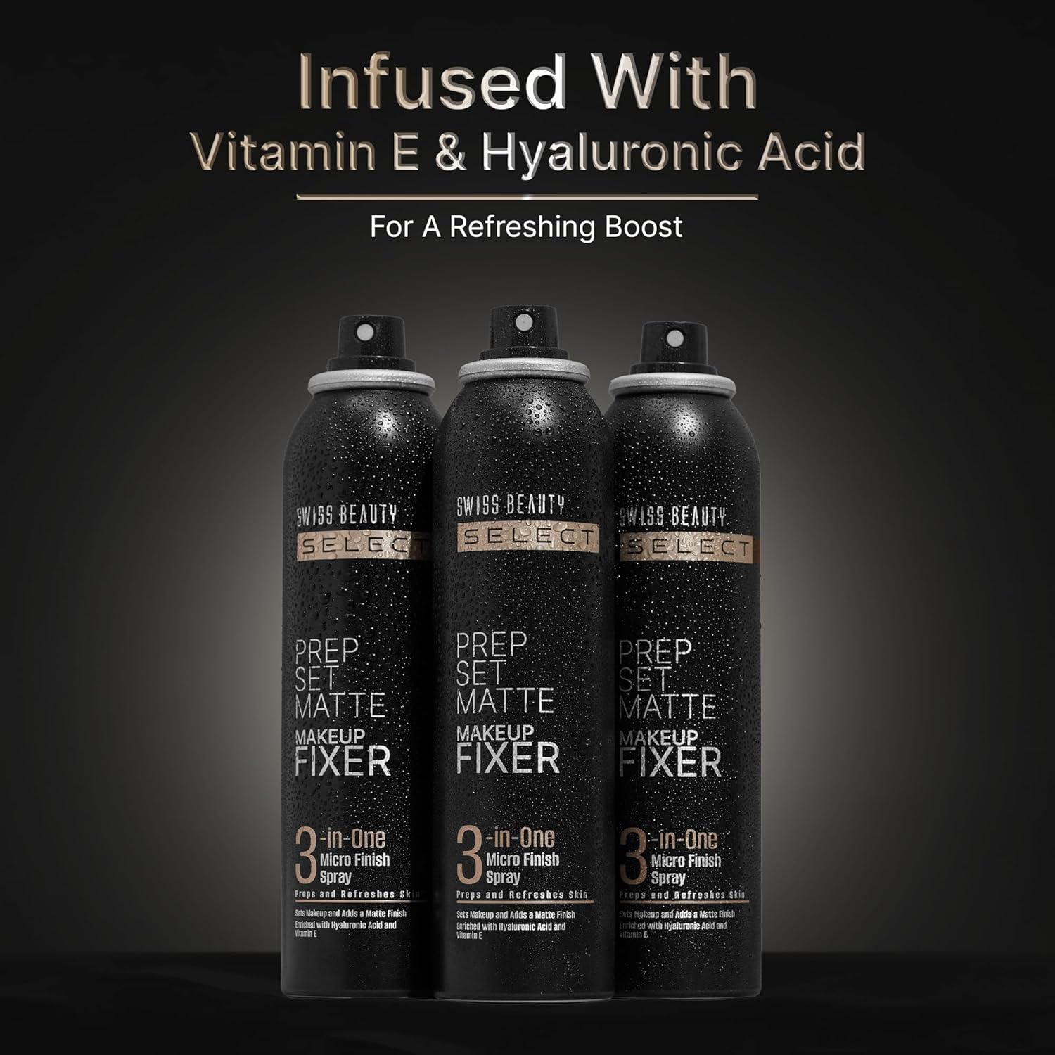 Image of three setting spray bottle on gray and black background.