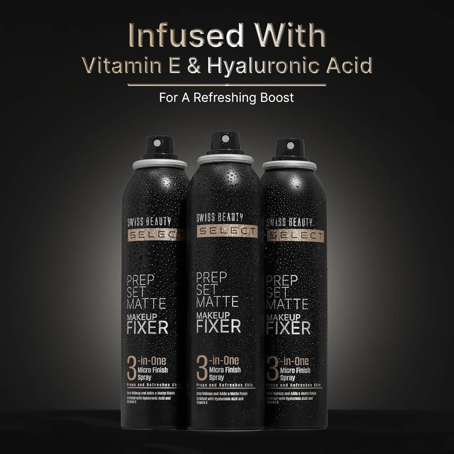 Image of three setting spray bottle on gray and black background.