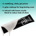 Tube of e.l.f. mattifying sticky gel primer with text on a teal background