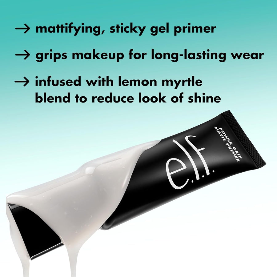 Tube of e.l.f. mattifying sticky gel primer with text on a teal background