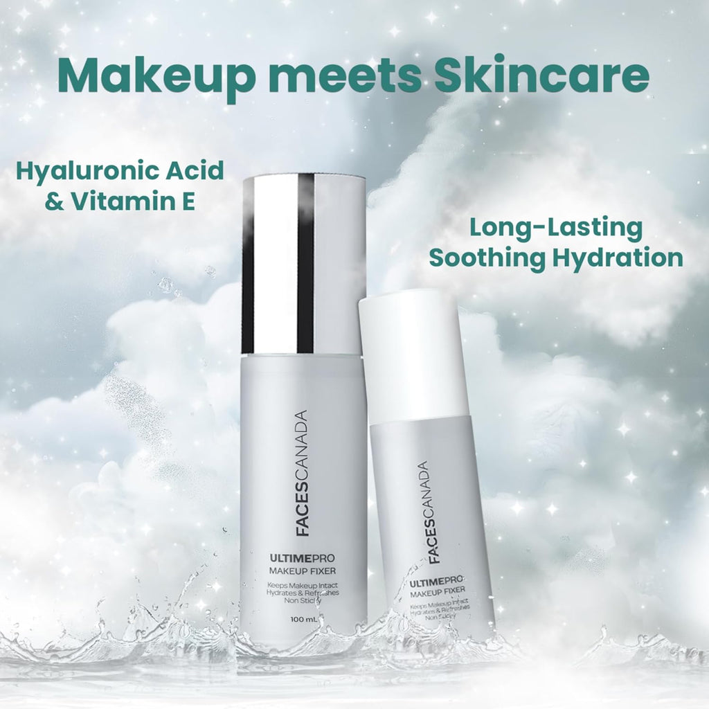 Two Faces Canada fixture with text about makeup, skincare, hyaluronic acid, vitamin E, and hydration on a snowy background.