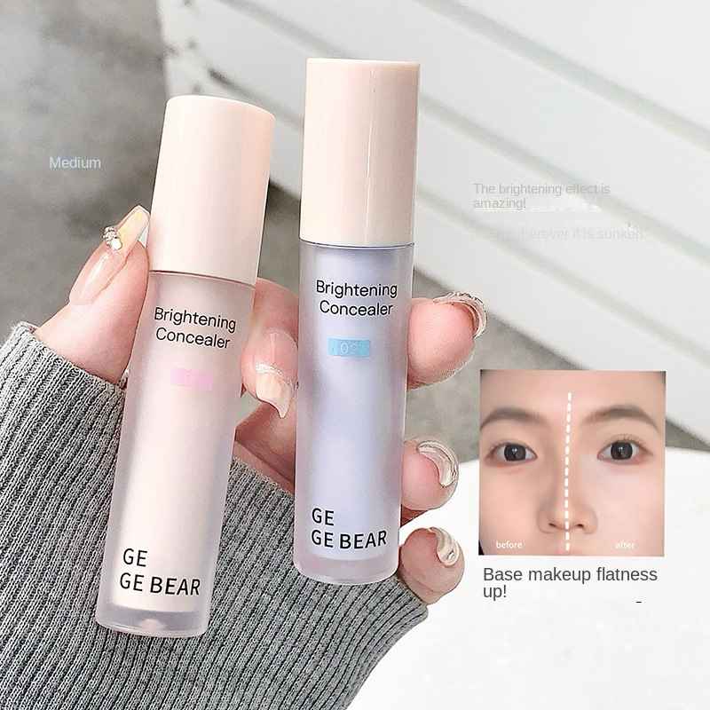 Two bottles of GEGE BEAR brightening concealer held by a hand, with a before and after effect on skin shown.