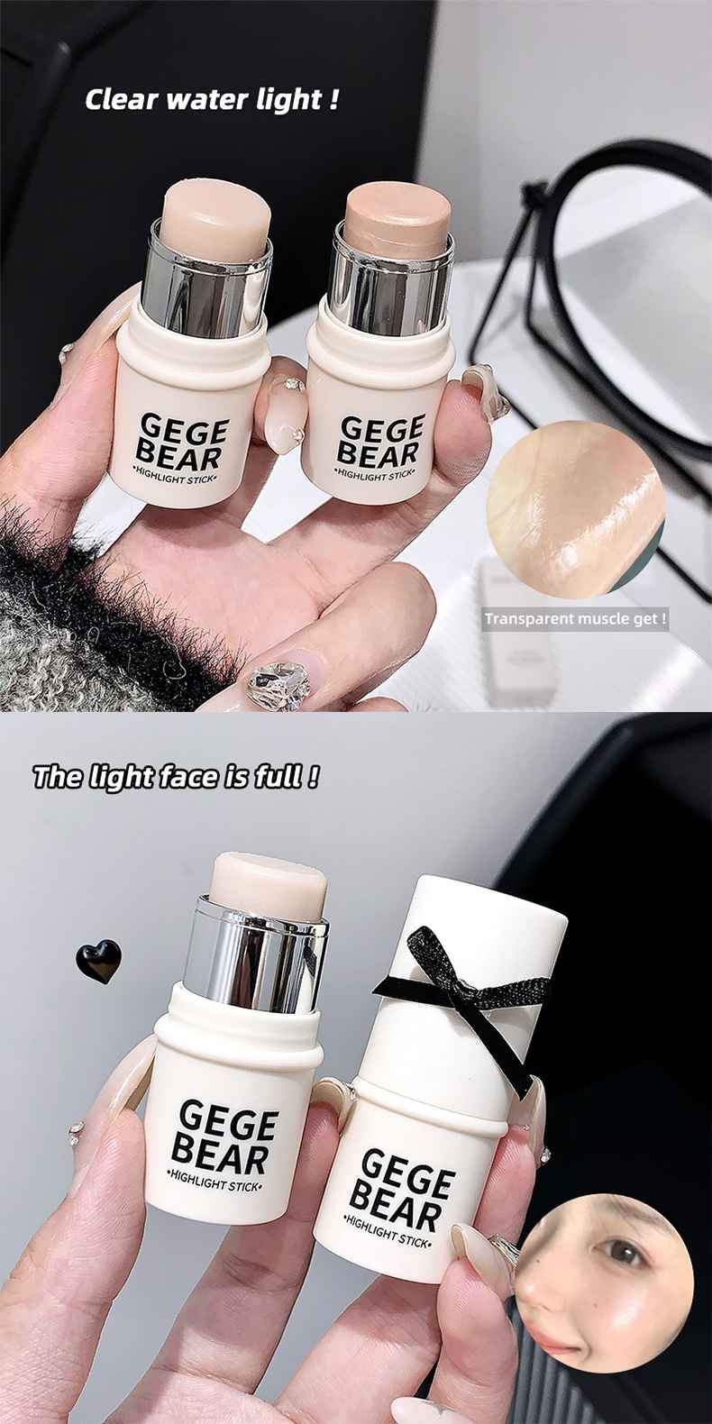 Two GEGBEAR Blushes sticks held by a hand with close-up shots of the product.