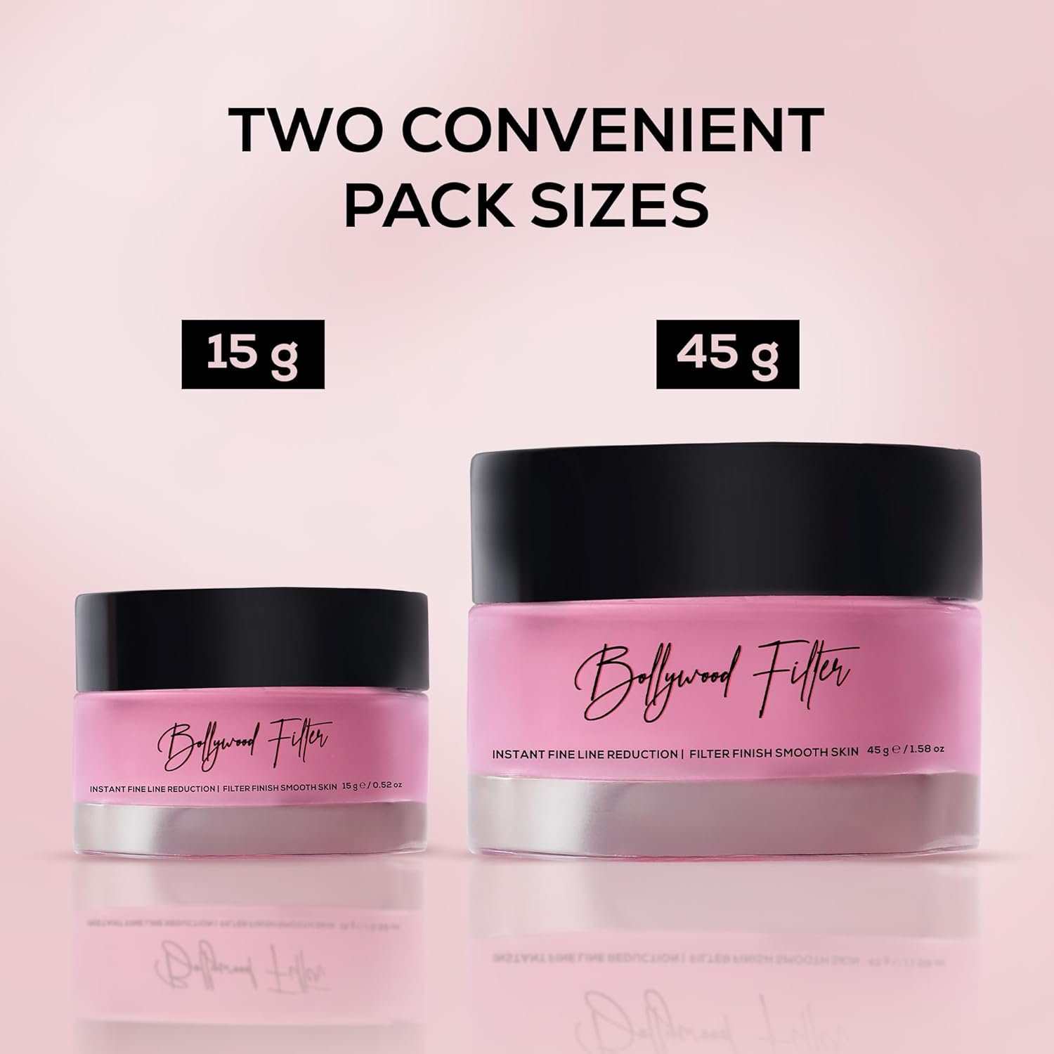 Two jars of 'Bollywood Filter' on a pink background with text indicating pack sizes.