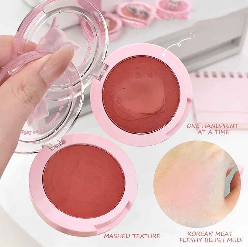 Two pink blush compacts with a handprint and Korean meat fleshy blush mud illustration.