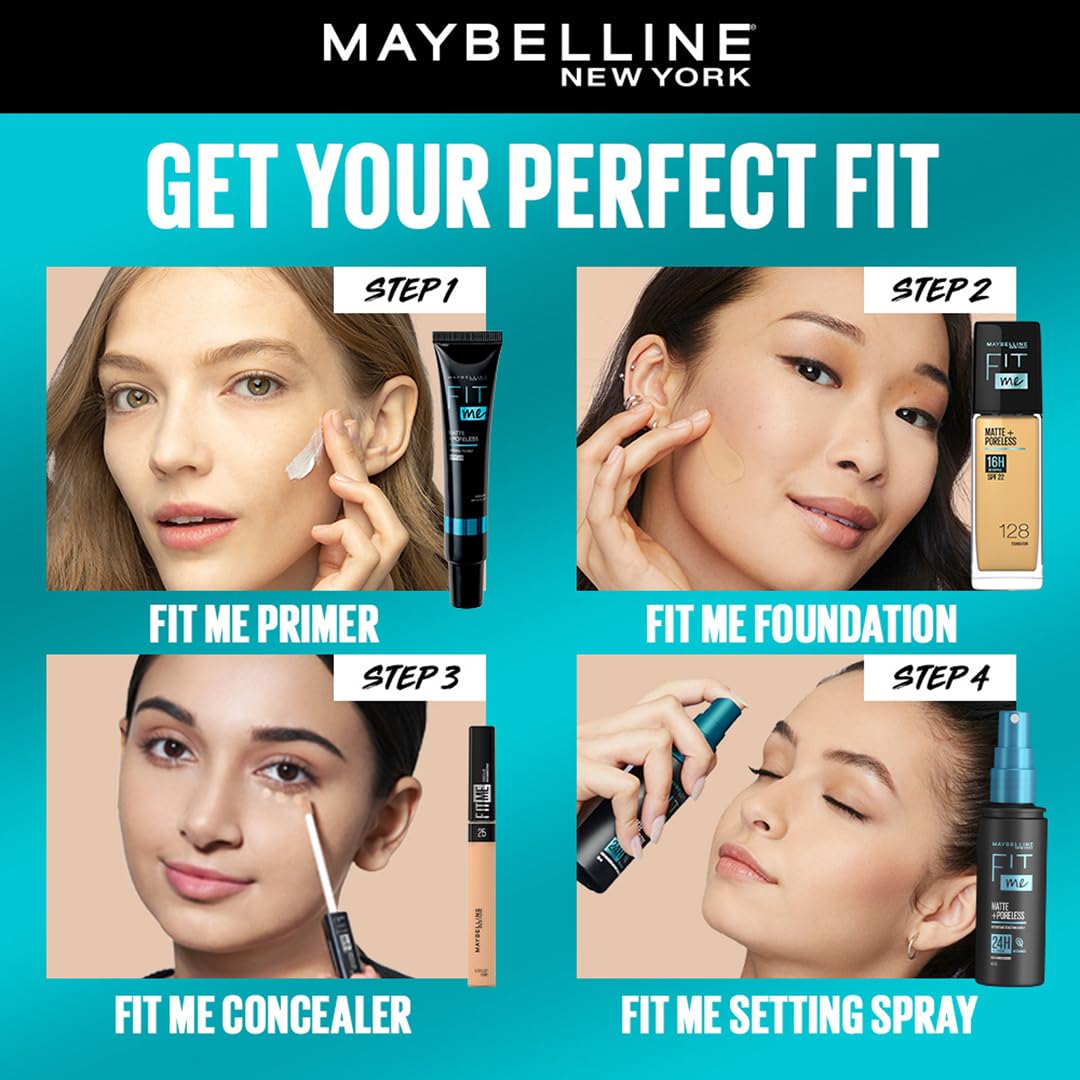 Image showing steps of maybelline application from step one , step two , step three , step four and also large text of 'GET YOUR PERFECT FIT' on blue background. 