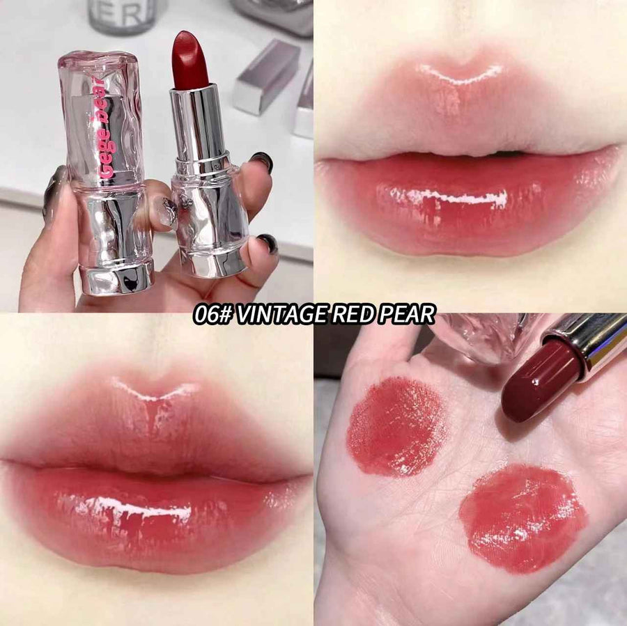 Collage of a red lip gloss with packaging, applied on lips and swatched on skin.