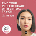 Virtual makeup try-on with a split-screen of a woman's face on a pink background.