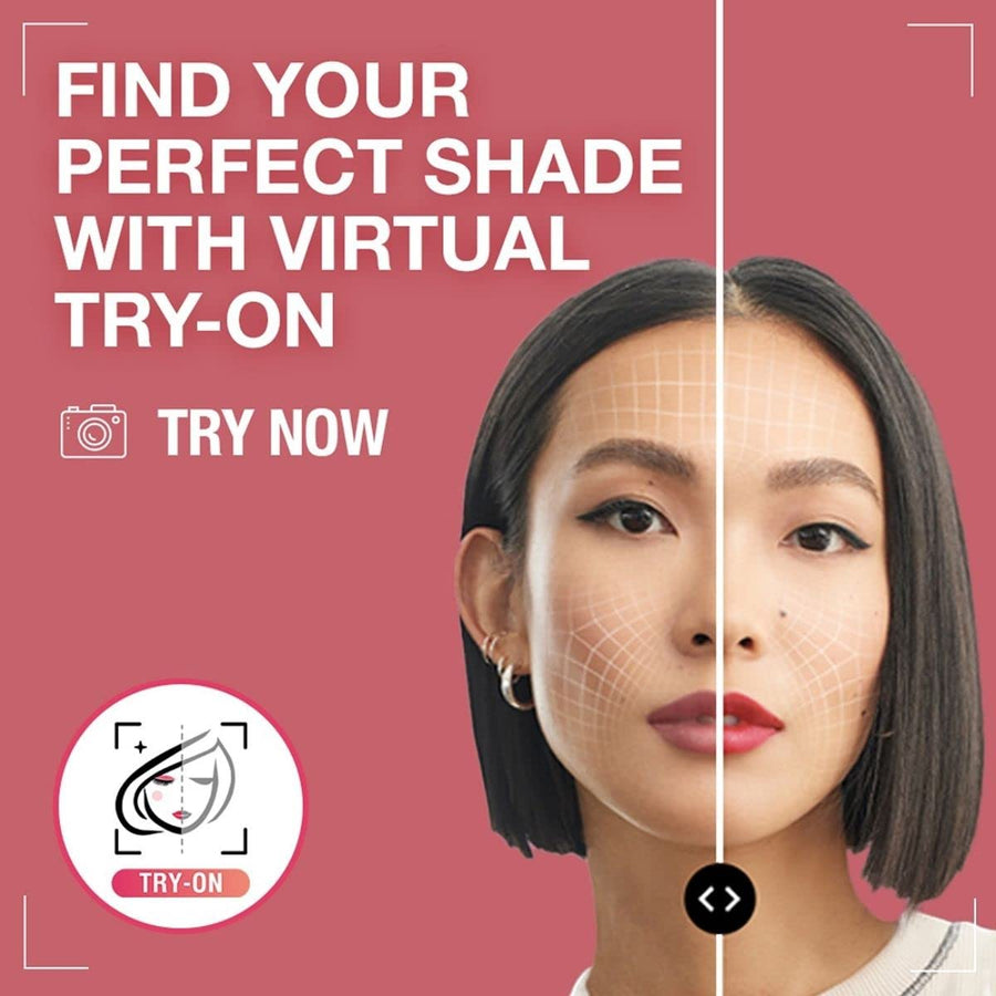 Virtual makeup try-on with a split-screen of a woman's face on a pink background.