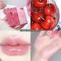 Lip gloss with cherry theme, including lip application and cherries in water.