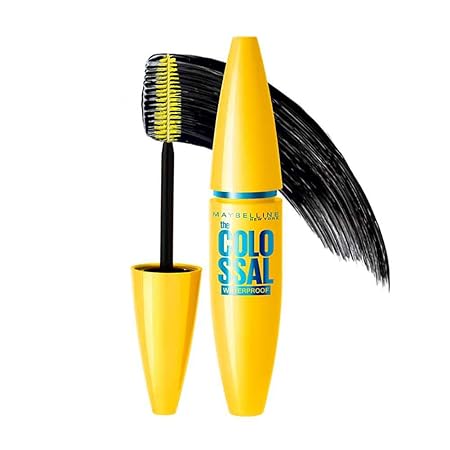 Yellow mascara with black brush and visible brand name on a white background