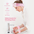 a women putting on baby pink headband and wristbands while rinsing her hands also showing the properties of it on the side 