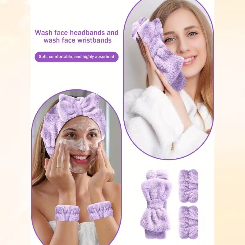 a happy women wearing headband and wristband for her skin care routine 