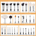 Collection of various makeup brushes with labels on an orange background