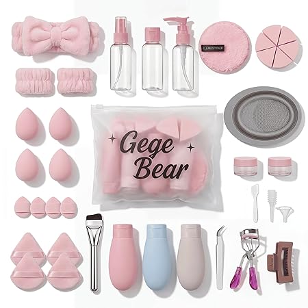 baby pink beauty blender set of 38 with travel kits branded gege bear kit includes plastic bottles eye curler hair clip foundation brush and silicone makeup brush cleaning bucket 