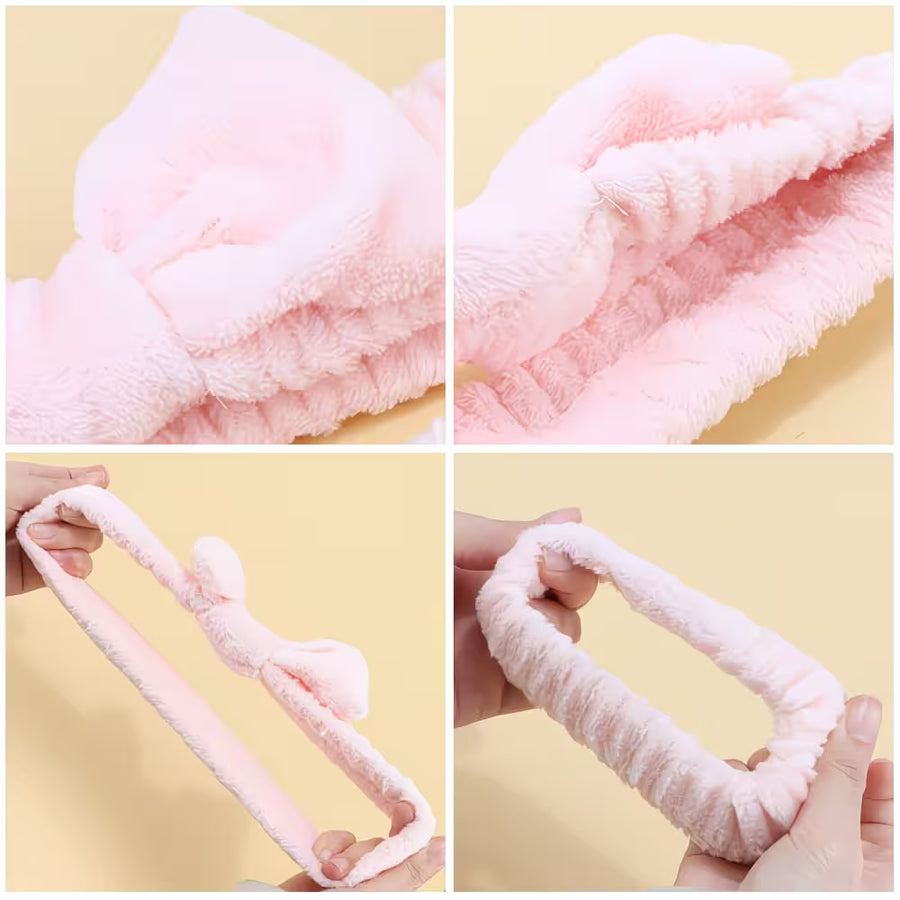 elastic test of a baby pink headbands and collage images showing various features and details 