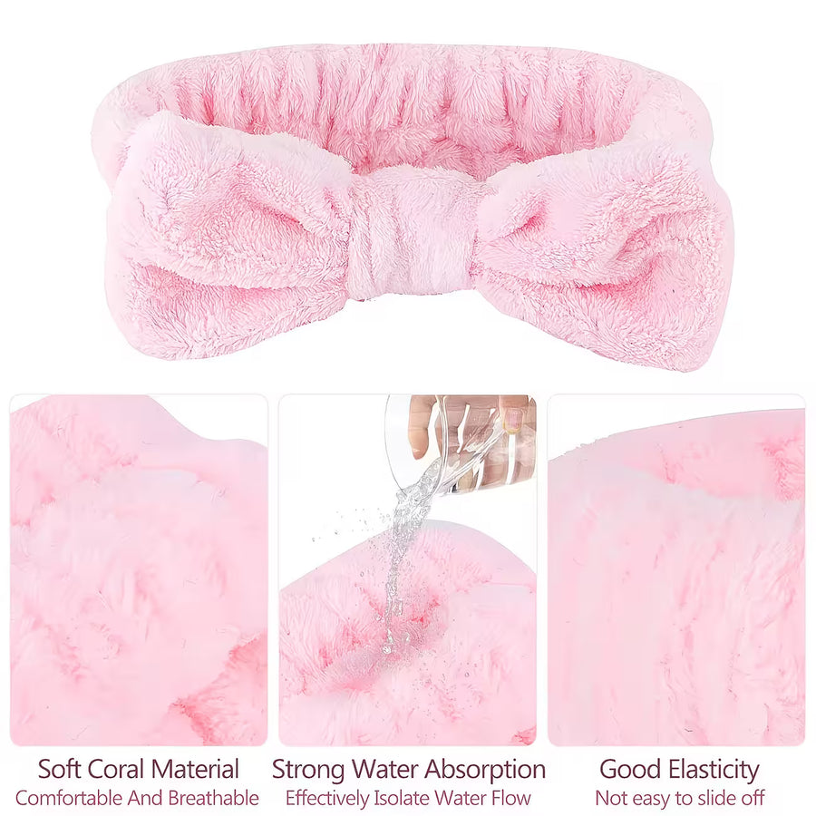 a pink headband with bow design on top and other images showing water observing qualities 