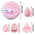 baby pink makeup cleansing pad mini makeup blender egged shaped blender and pizza puff showing different dimensions