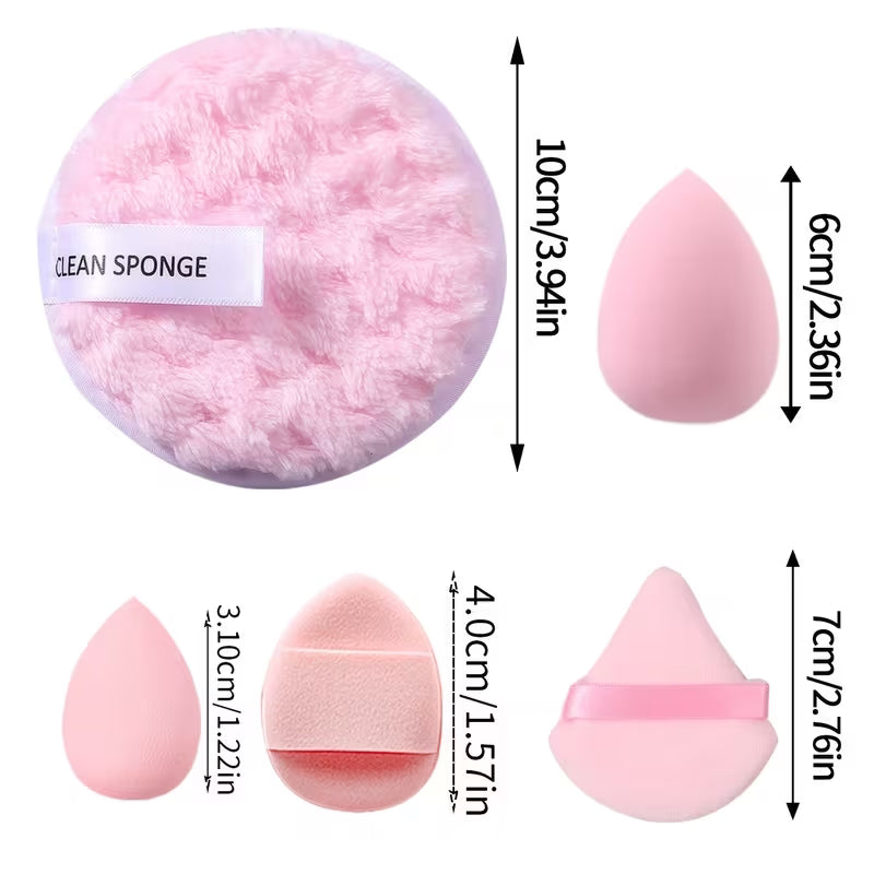 baby pink makeup cleansing pad mini makeup blender egged shaped blender and pizza puff showing different dimensions