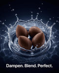 beauty blender with a splash of water on a dark background, featuring the text 'Dampen. Blend. Perfect.'